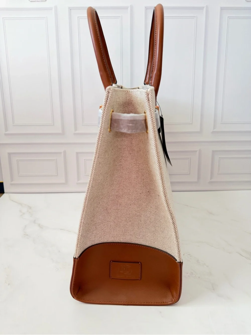 Lauren Ralph Lauren Canvas Leather Large Tote Bag Tan Brown NWT $325
